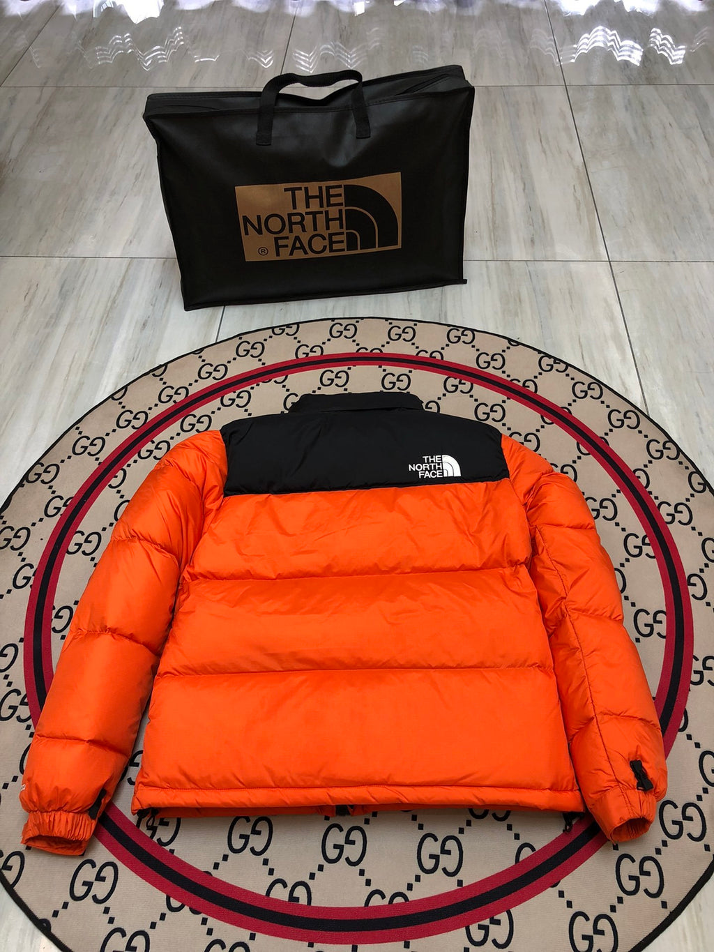 The North Face Men's Flame Orange 700-Fill Nuptse Down Jacket – Contrast Black Collar Classic Wide-Baffle Puffer