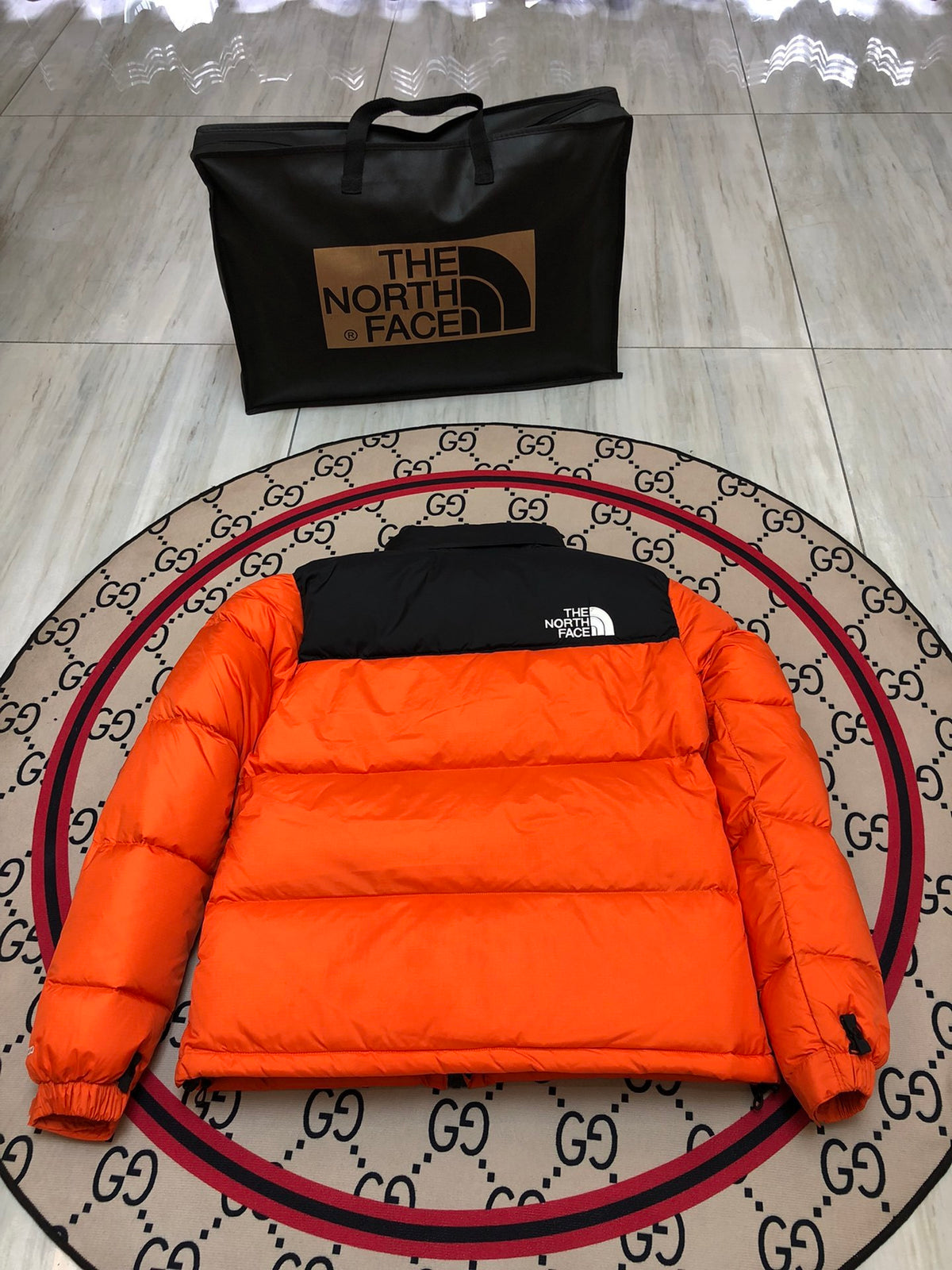 The North Face Men's Flame Orange 700-Fill Nuptse Down Jacket – Contrast Black Collar Classic Wide-Baffle Puffer