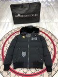 Moose Knuckles Women's Jet Black Military Edition Down Jacket – Black Fox Fur Hood Gold MK Hook Army Patch Embroidered Short Puffer Coat