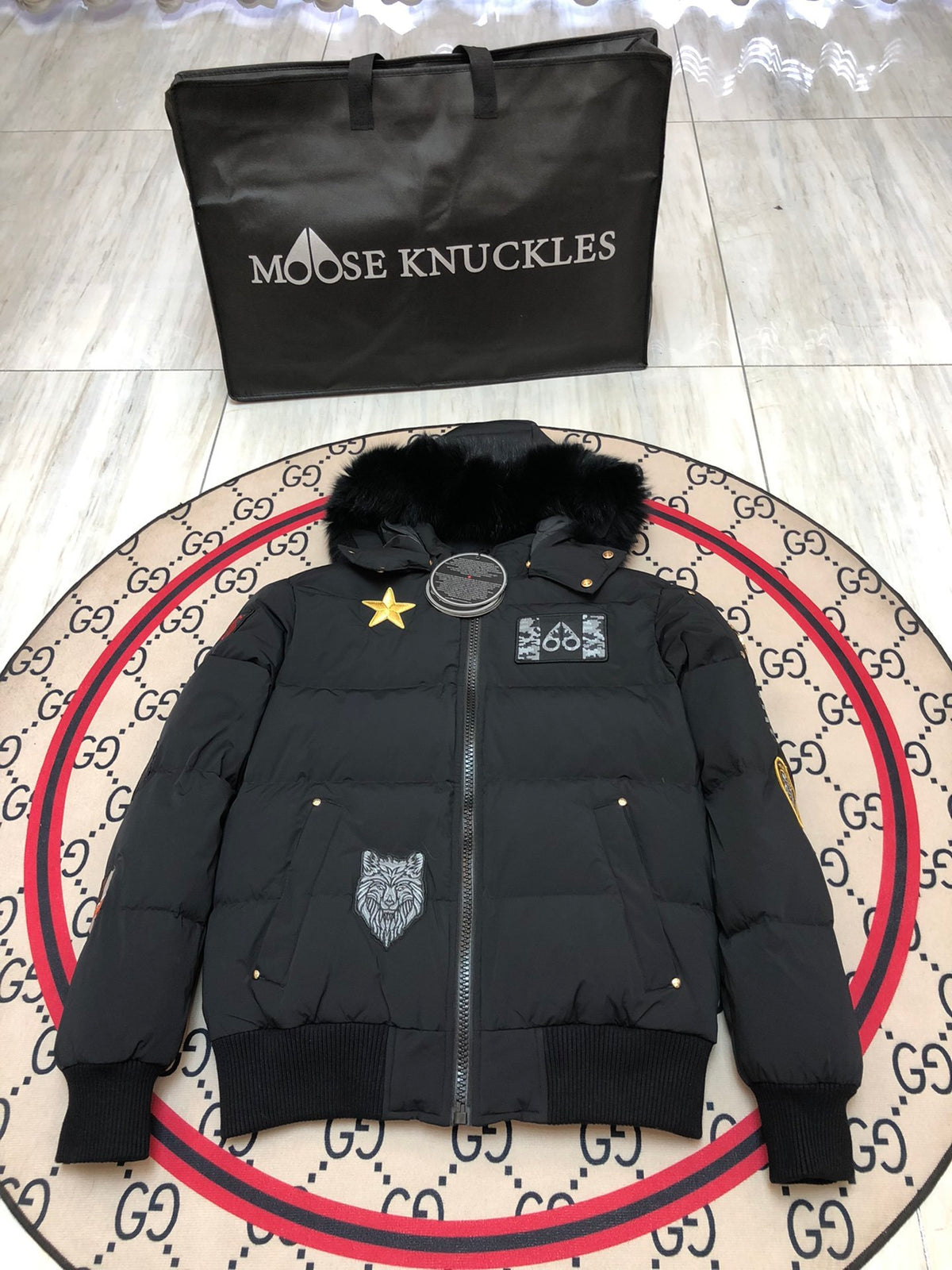 Moose Knuckles Women's Jet Black Military Edition Down Jacket – Black Fox Fur Hood Gold MK Hook Army Patch Embroidered Short Puffer Coat