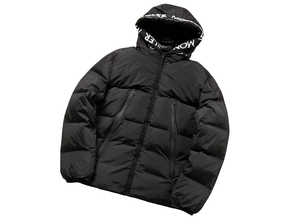 Moncler Men's Black Matte Hooded Down Jacket – All-Over Logo Hood Oversized Puffer