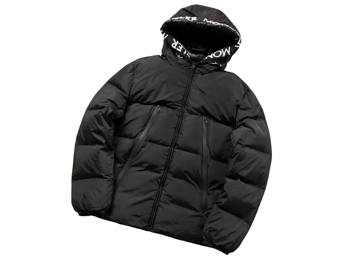 Moncler Men's Black Matte Hooded Down Jacket – All-Over Logo Hood Oversized Puffer