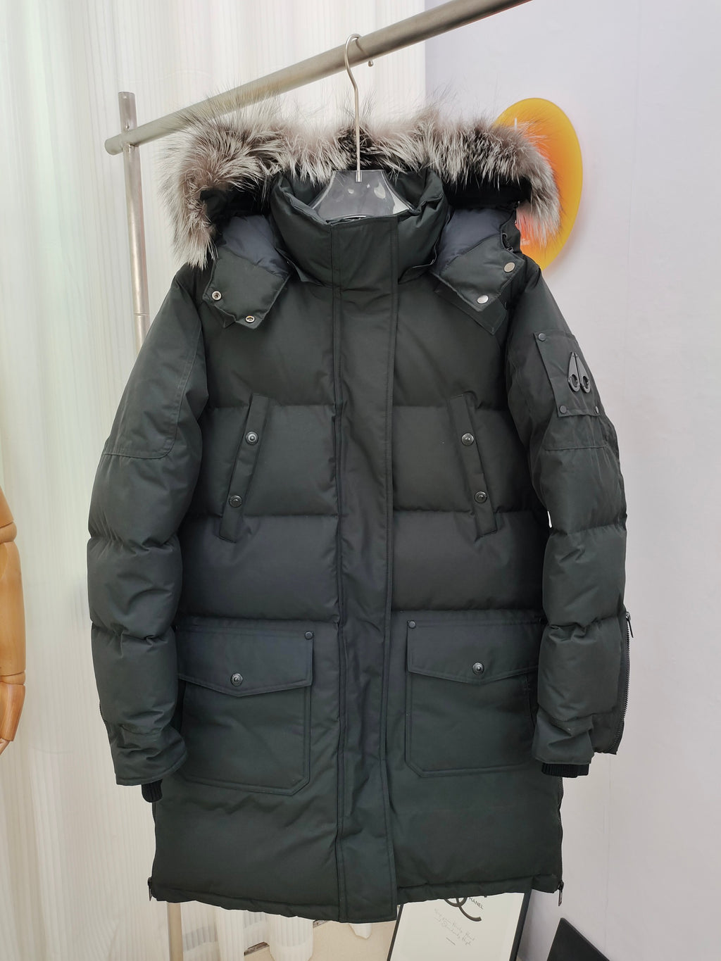 Moose Knuckles Men's Army Green Long Parka Down Jacket – Grey Fur Hood Multi-Pocket Expedition Coat