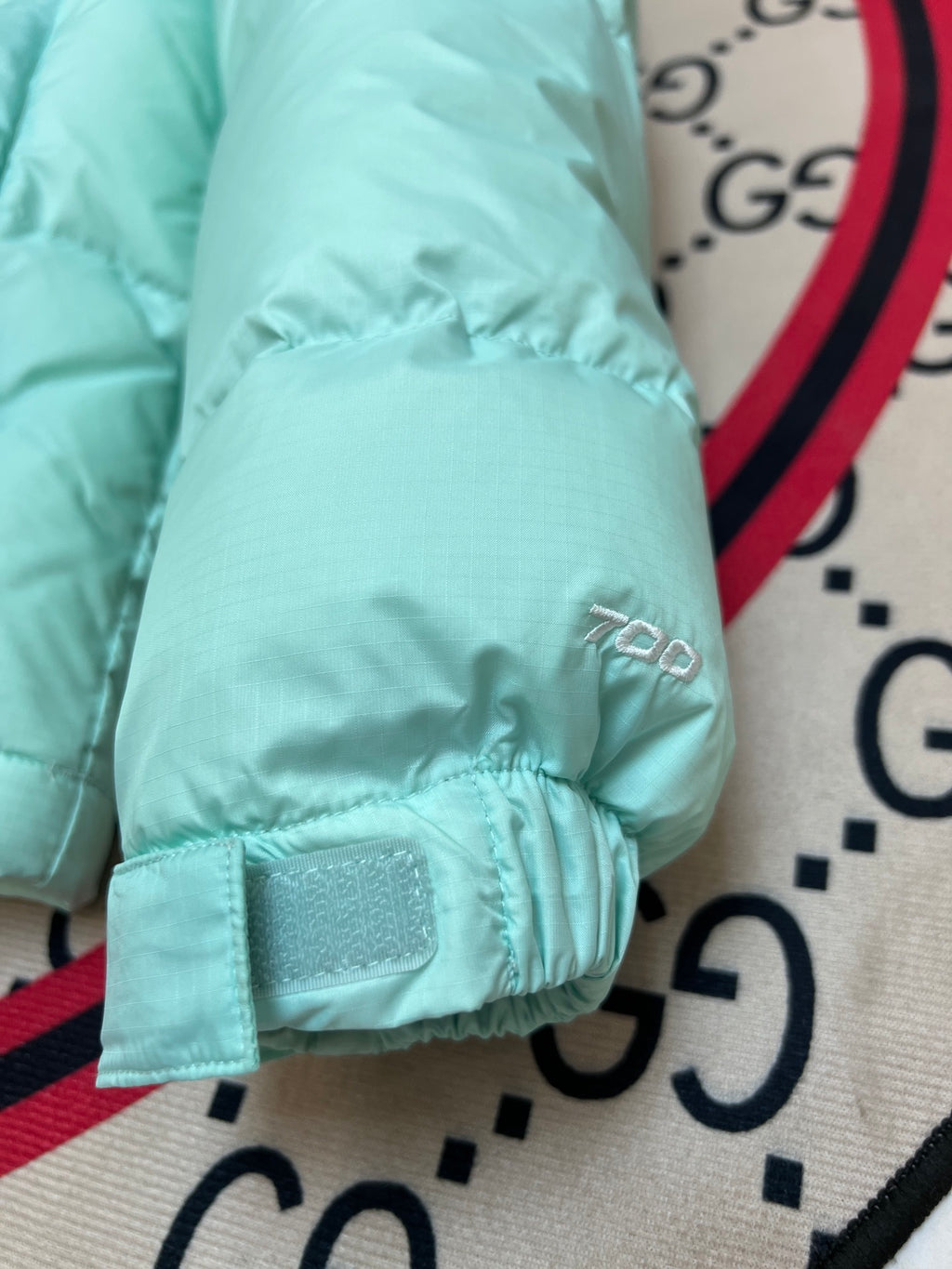 The North Face Men's Mint Green 700-Fill Nuptse Down Jacket – Contrast Black Collar Classic Wide-Baffle Puffer