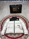 The North Face Men's White 700-Fill Nuptse Down Jacket – Contrast Black Collar Classic Wide-Baffle Puffer