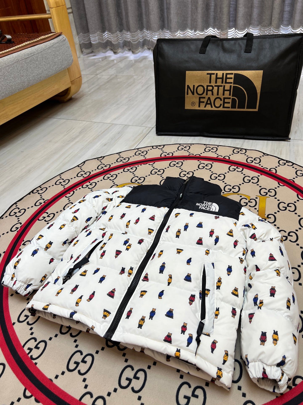 The North Face Men's White Bear Print 700-Fill Nuptse Down Jacket – All-Over Cartoon Bear AOP Classic Wide-Baffle Puffer