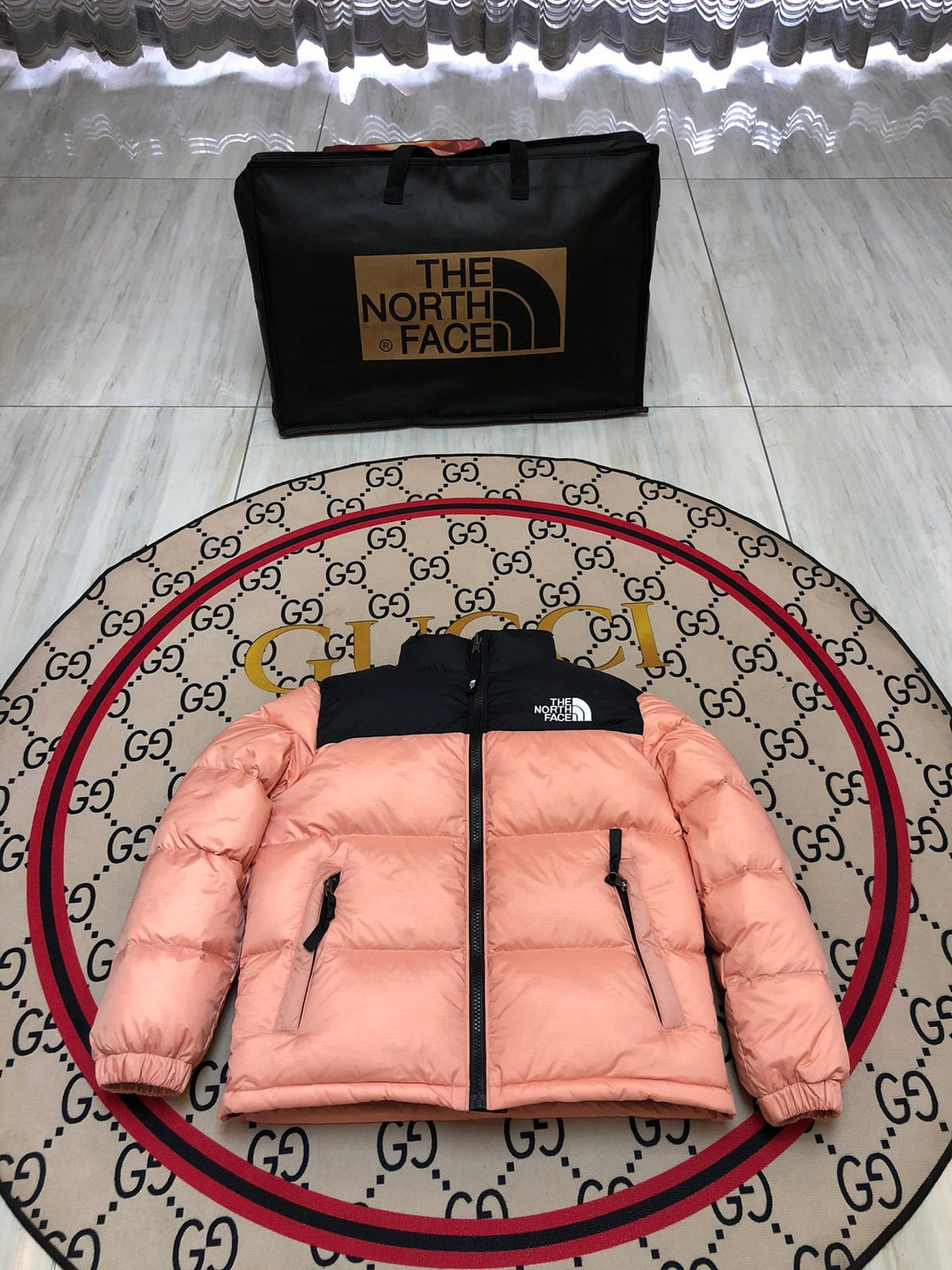 The North Face Men's Peach Pink 700-Fill Nuptse Down Jacket – Contrast Black Collar Classic Wide-Baffle Puffer