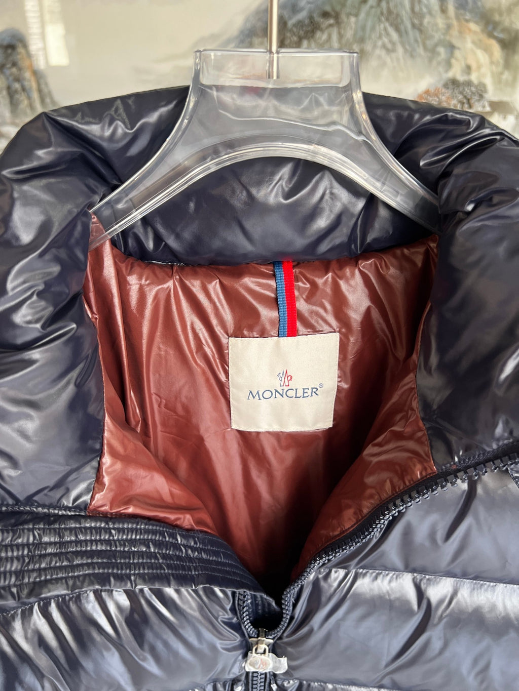 Moncler Women's Navy & Rust Two-Tone Maya Short Down Jacket – Glossy Nylon Colorblock Hooded Puffer Coat with Logo Badge