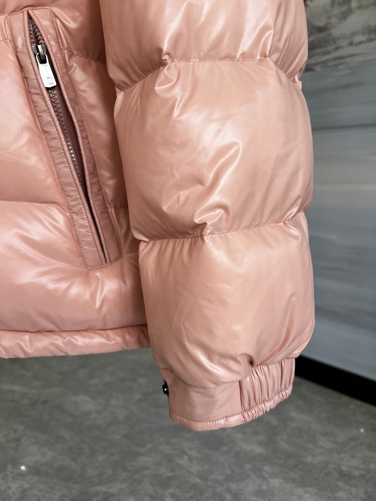 Moncler Women's Blush Pink Maya Short Down Jacket – Glossy Nylon Hooded Puffer Coat with Signature Logo Badge