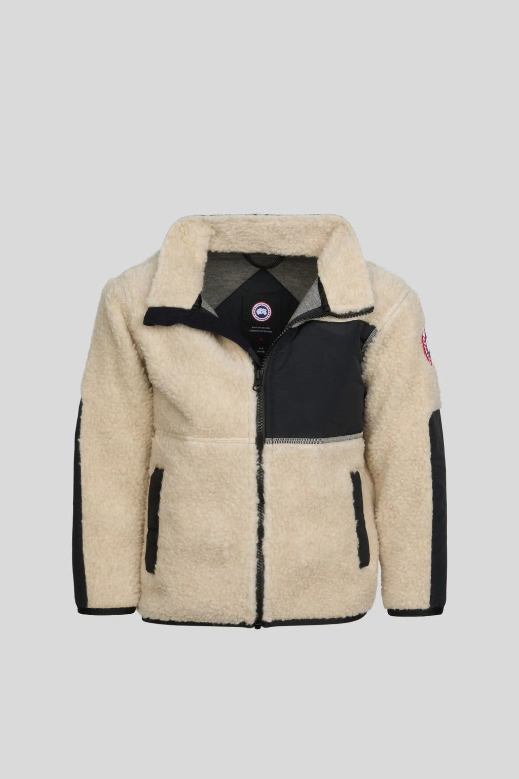 Canada Goose Women's Cream Lloydminster Fleece Jacket – Sherpa & Black Nylon Colorblock Zip-Up High-Collar Coat