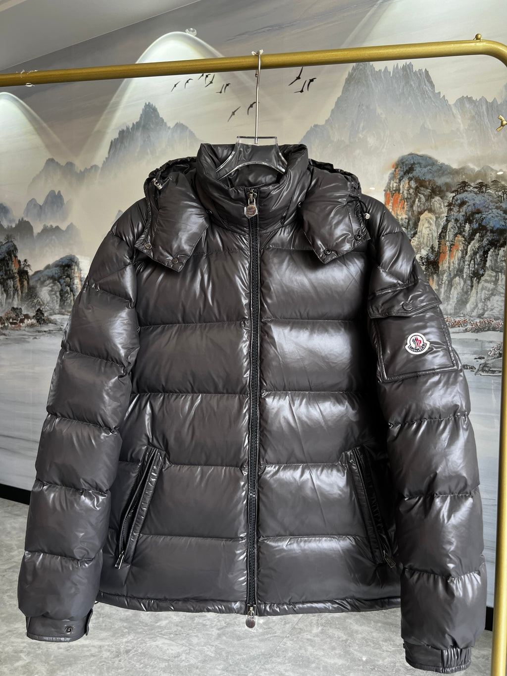 Moncler Women's Graphite Grey Maya Short Down Jacket – Glossy Nylon Hooded Puffer Coat with Signature Logo Badge