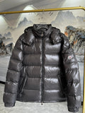 Moncler Women's Graphite Grey Maya Short Down Jacket – Glossy Nylon Hooded Puffer Coat with Signature Logo Badge