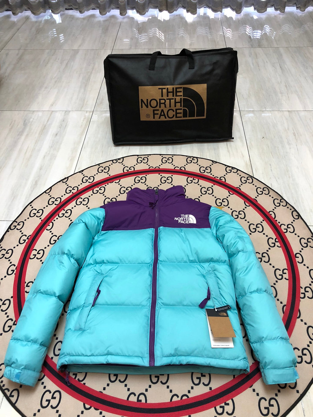 The North Face Men's Aqua Blue 700-Fill Nuptse Hooded Down Jacket – Contrast Purple Collar Wide-Baffle Puffer