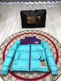 The North Face Men's Aqua Blue 700-Fill Nuptse Hooded Down Jacket – Contrast Purple Collar Wide-Baffle Puffer