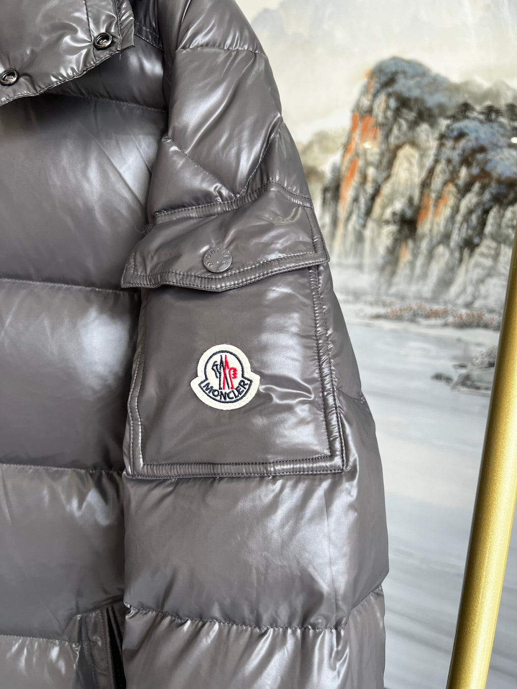 Moncler Women's Graphite Grey Maya Short Down Jacket – Glossy Nylon Hooded Puffer Coat with Signature Logo Badge
