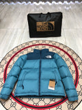 The North Face Men's Teal Blue 700-Fill Nuptse Down Jacket – Contrast Navy Collar Classic Wide-Baffle Puffer