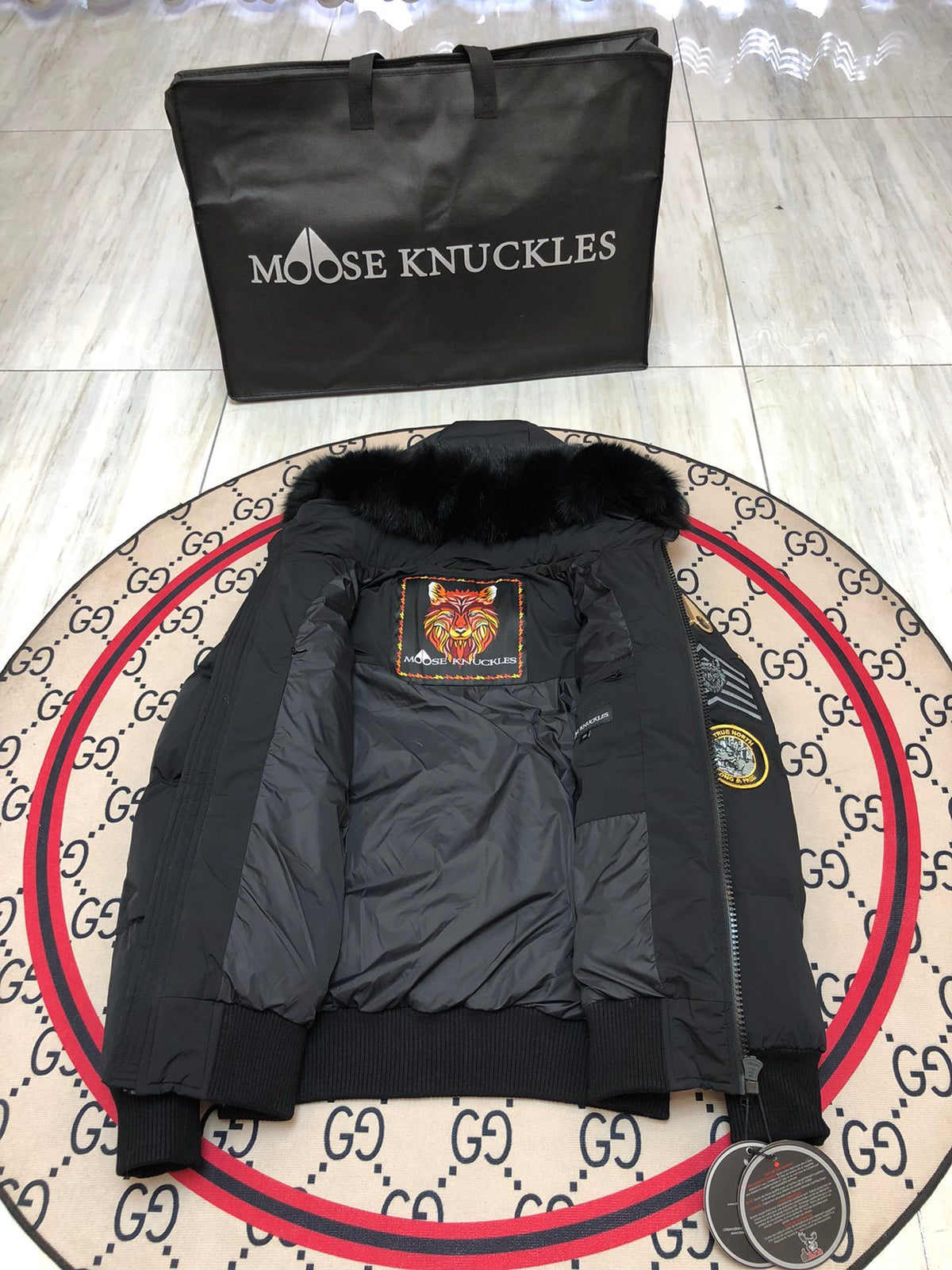 Moose Knuckles Women's Jet Black Military Edition Down Jacket – Black Fox Fur Hood Gold MK Hook Army Patch Embroidered Short Puffer Coat