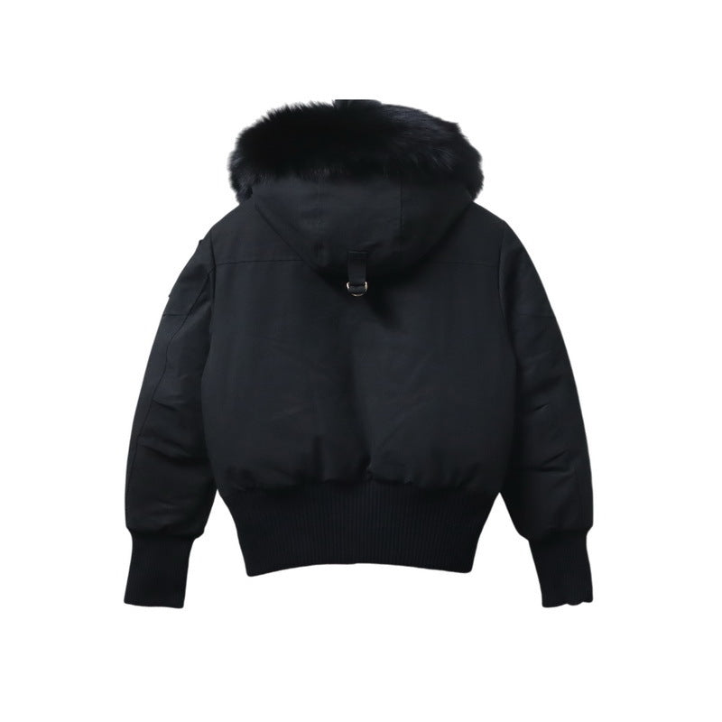 Moose Knuckles Women's Black Fur Hood Bomber Jacket – Gold Zip Fur Pocket Studded Puffer