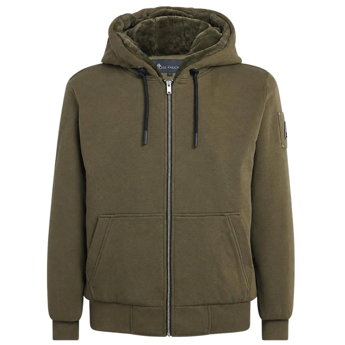 Moose Knuckles Men's Olive Faux Fur-Lined Hooded Zip Jacket – Tech Fleece Full-Zip Hoodie with Fur Hood Lining Sleeve Logo Badge