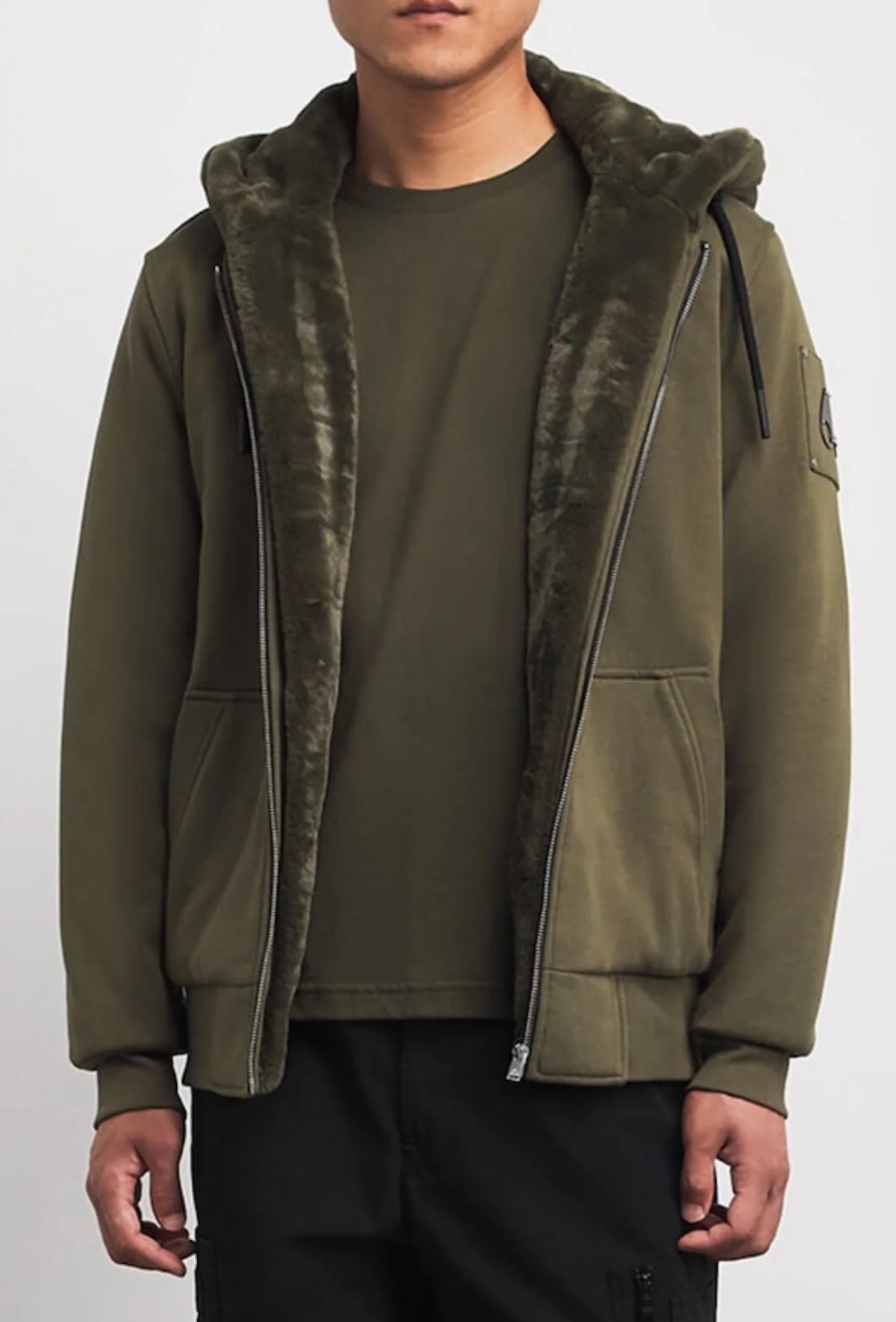 Moose Knuckles Men's Olive Faux Fur-Lined Hooded Zip Jacket – Tech Fleece Full-Zip Hoodie with Fur Hood Lining Sleeve Logo Badge