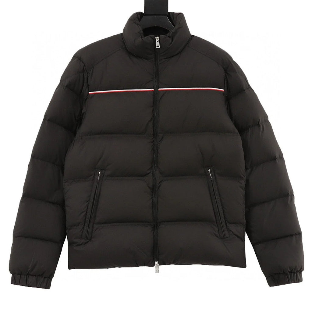 Moncler Black Stand-Collar Puffer Jacket – Contrast Chest Stripe & Zip Pockets