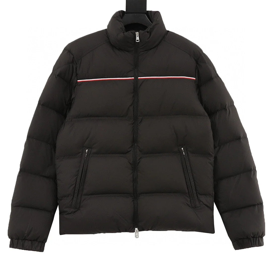 Moncler Black Stand-Collar Puffer Jacket – Contrast Chest Stripe & Zip Pockets