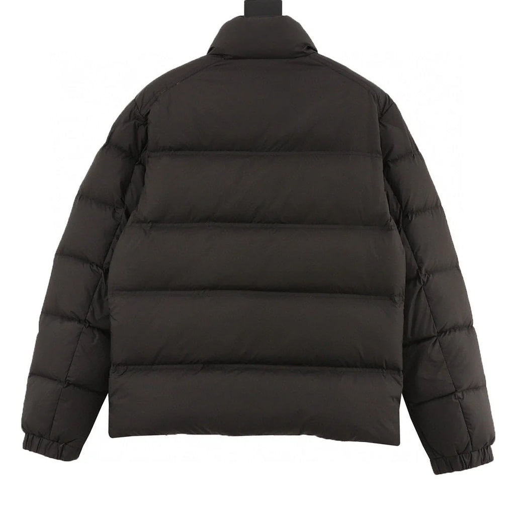 Moncler Black Stand-Collar Puffer Jacket – Contrast Chest Stripe & Zip Pockets