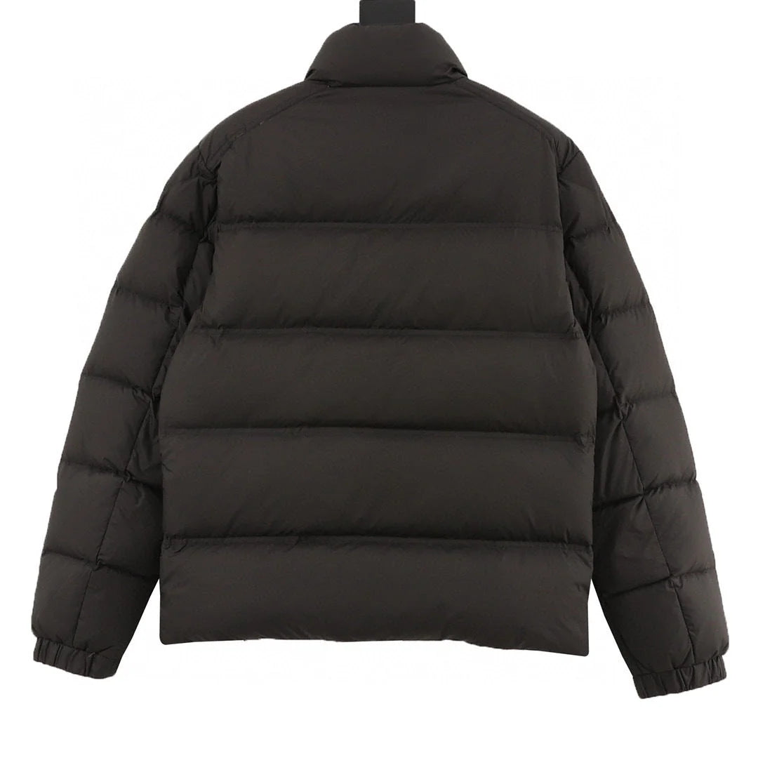 Moncler Black Stand-Collar Puffer Jacket – Contrast Chest Stripe & Zip Pockets