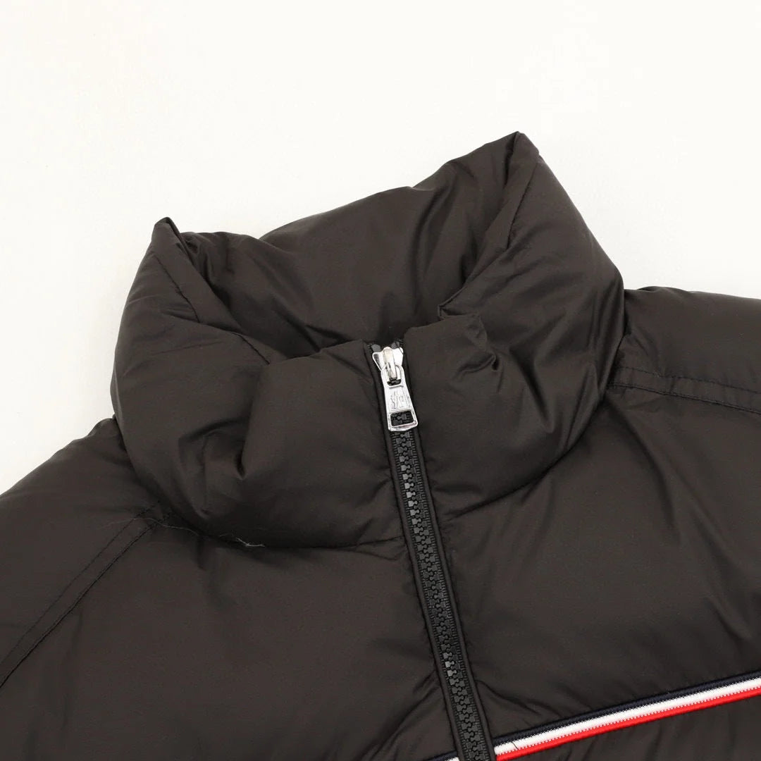 Moncler Black Stand-Collar Puffer Jacket – Contrast Chest Stripe & Zip Pockets