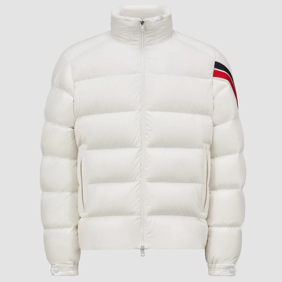 Moncler Men's Off-White Solayan Short Down Jacket – Quilted Nylon Puffer Coat with Tricolor Arm Stripe Logo Badge