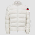 Moncler Men's Off-White Solayan Short Down Jacket – Quilted Nylon Puffer Coat with Tricolor Arm Stripe Logo Badge