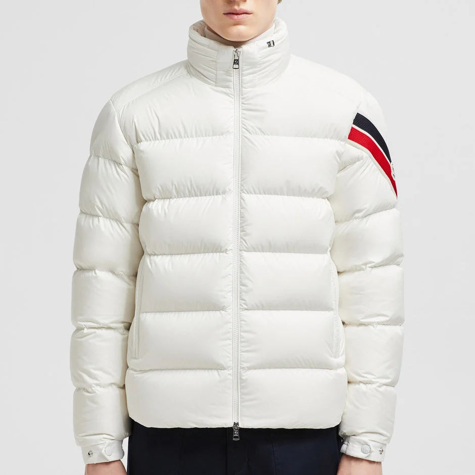 Moncler Men's Off-White Solayan Short Down Jacket – Quilted Nylon Puffer Coat with Tricolor Arm Stripe Logo Badge