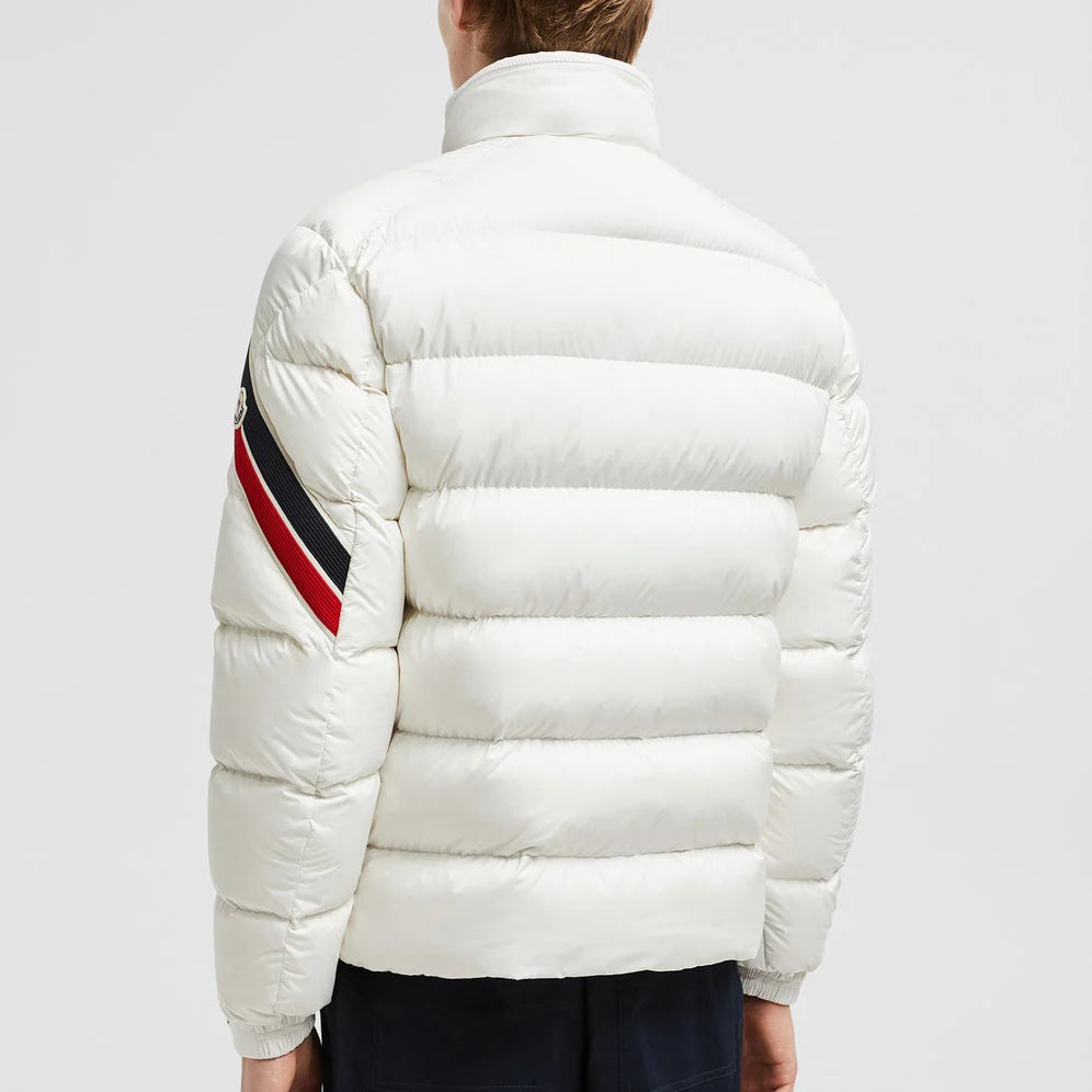 Moncler Men's Off-White Solayan Short Down Jacket – Quilted Nylon Puffer Coat with Tricolor Arm Stripe Logo Badge