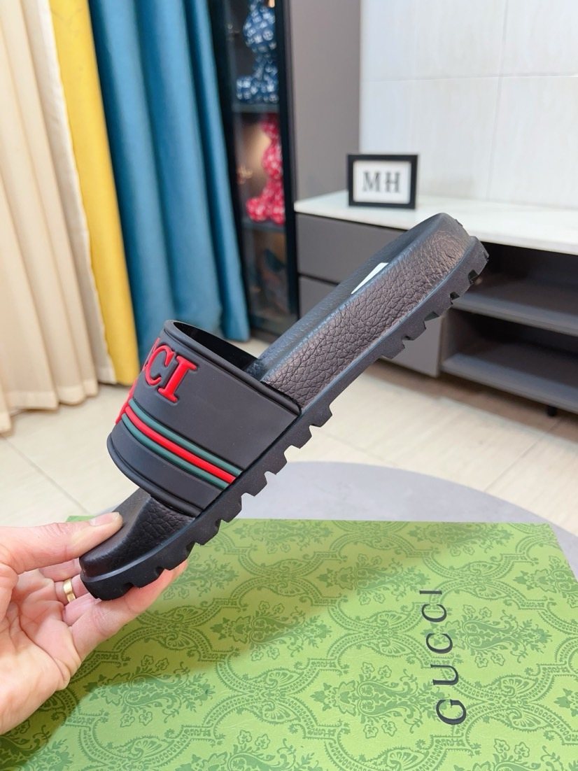 Gucci Black Red Green Striped Slide Sandals