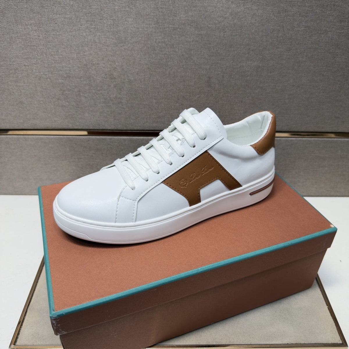 White and Brown Low-Top Sneakers