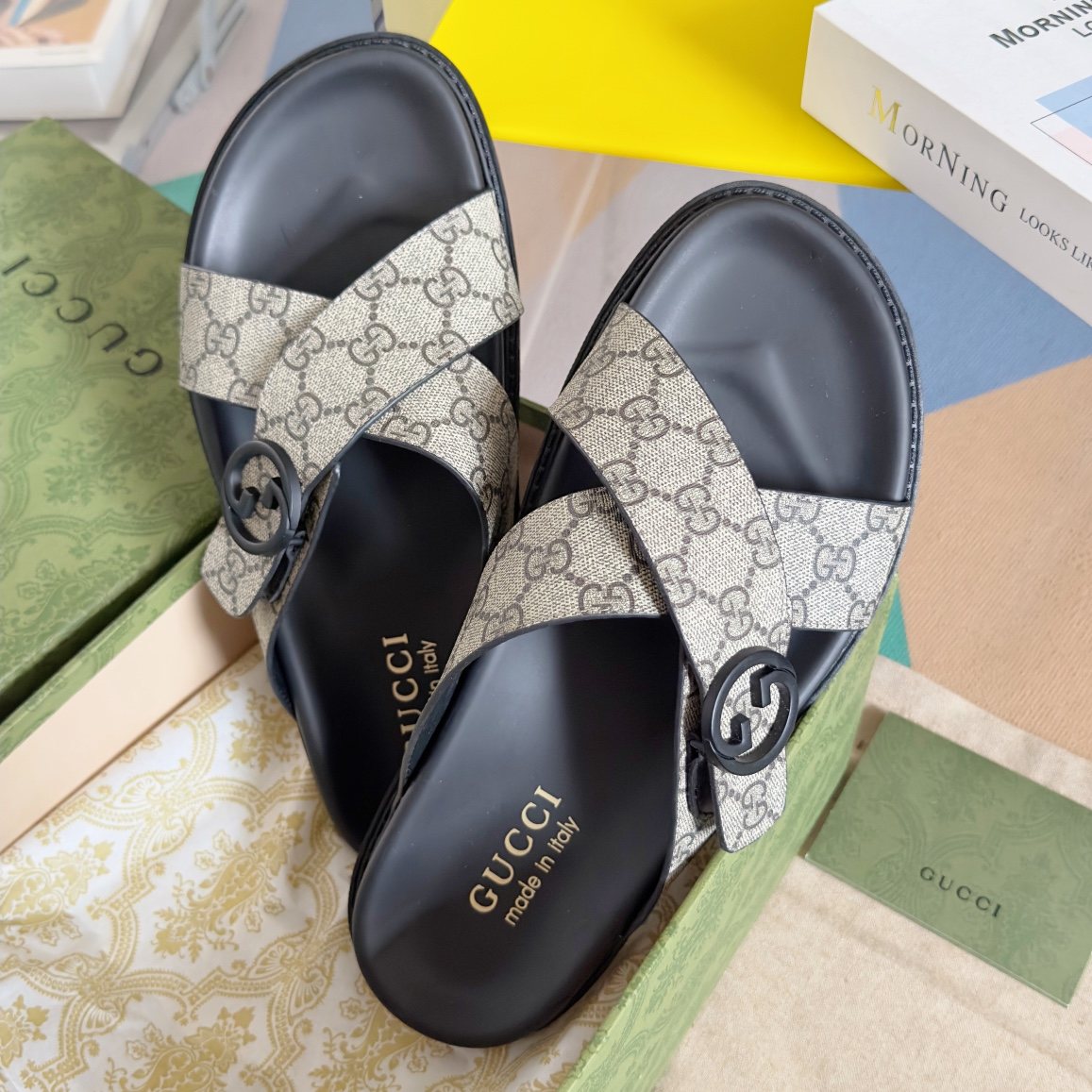 Gucci Beige Monogram Crossover Slide Sandals