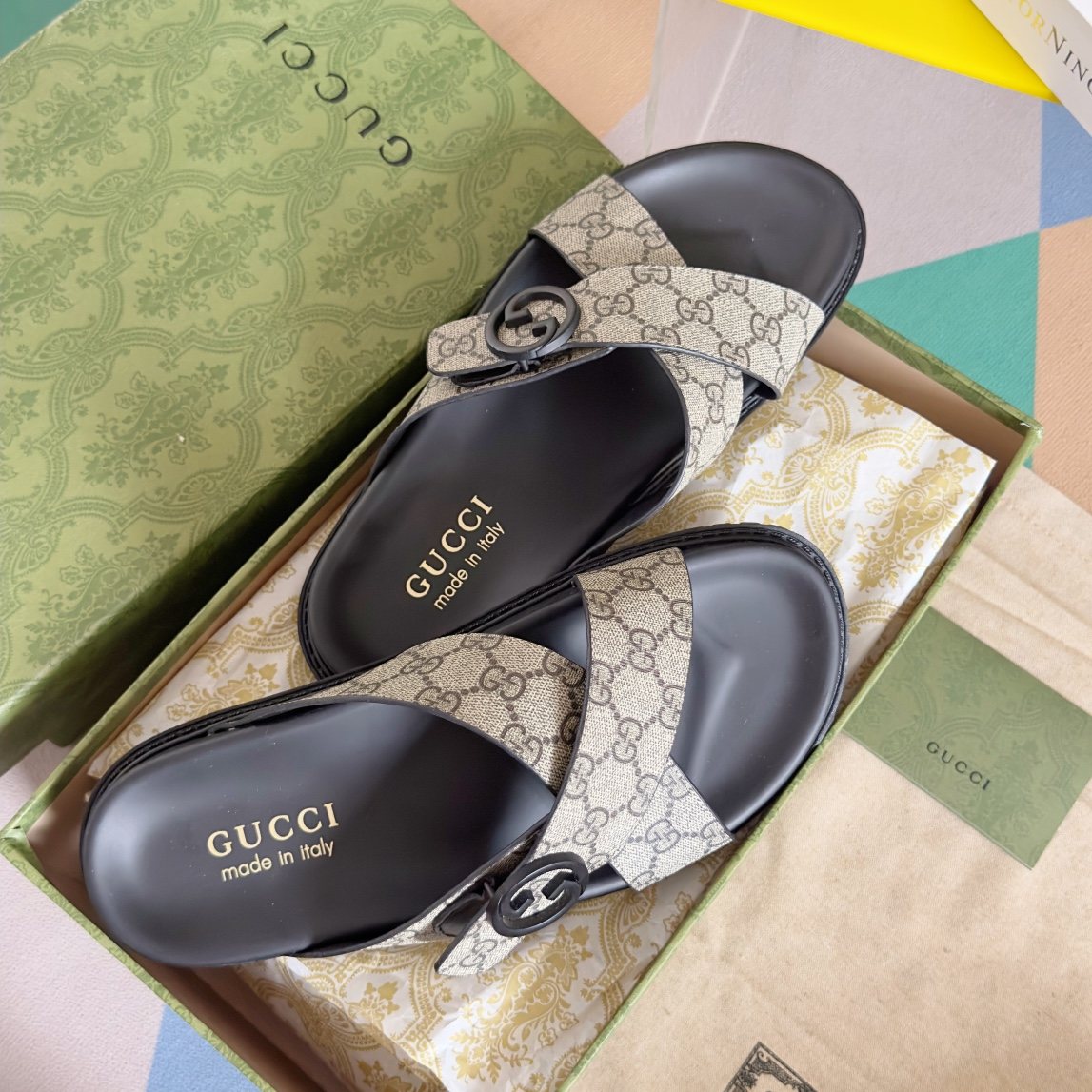 Gucci Beige Monogram Crossover Slide Sandals