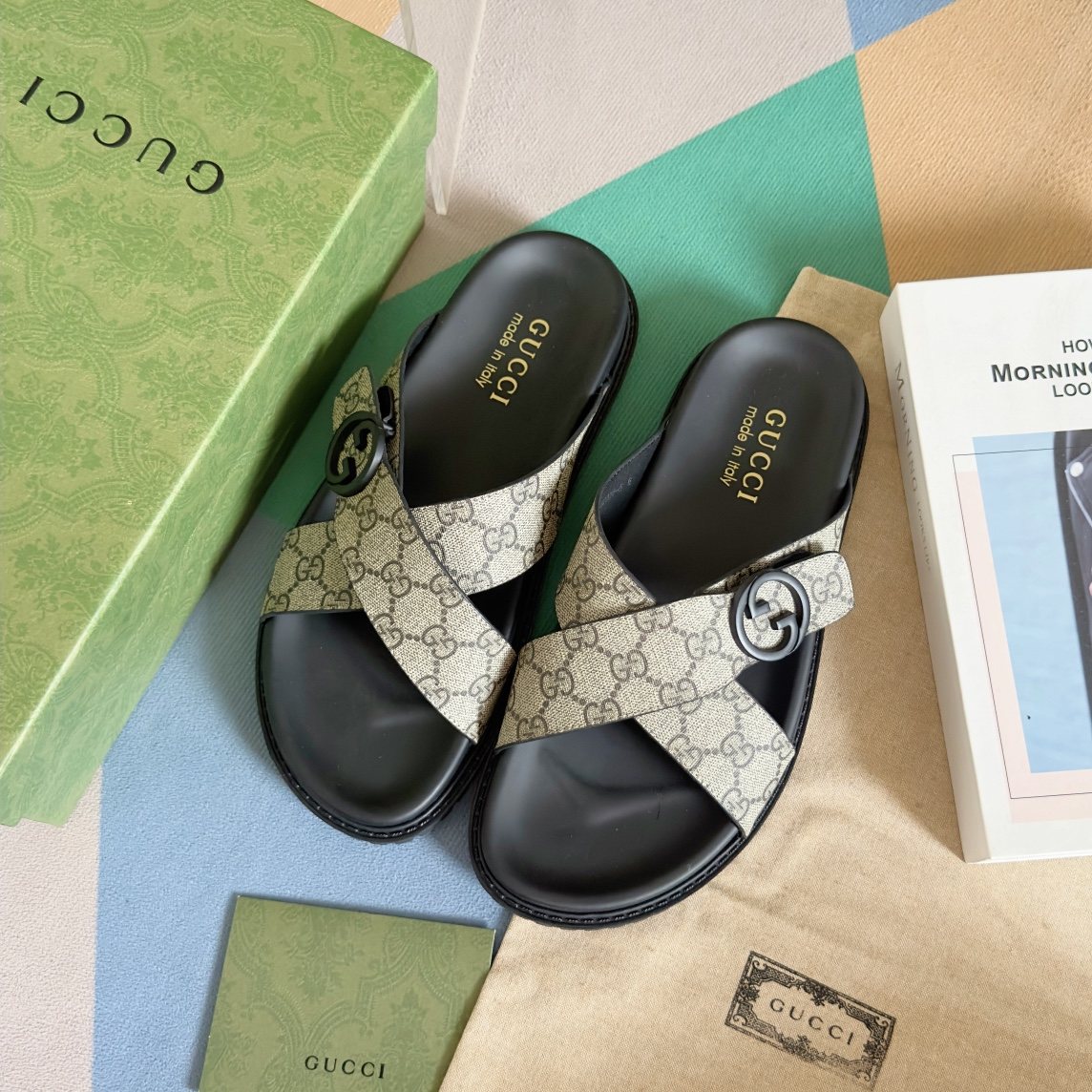 Gucci Beige Monogram Crossover Slide Sandals