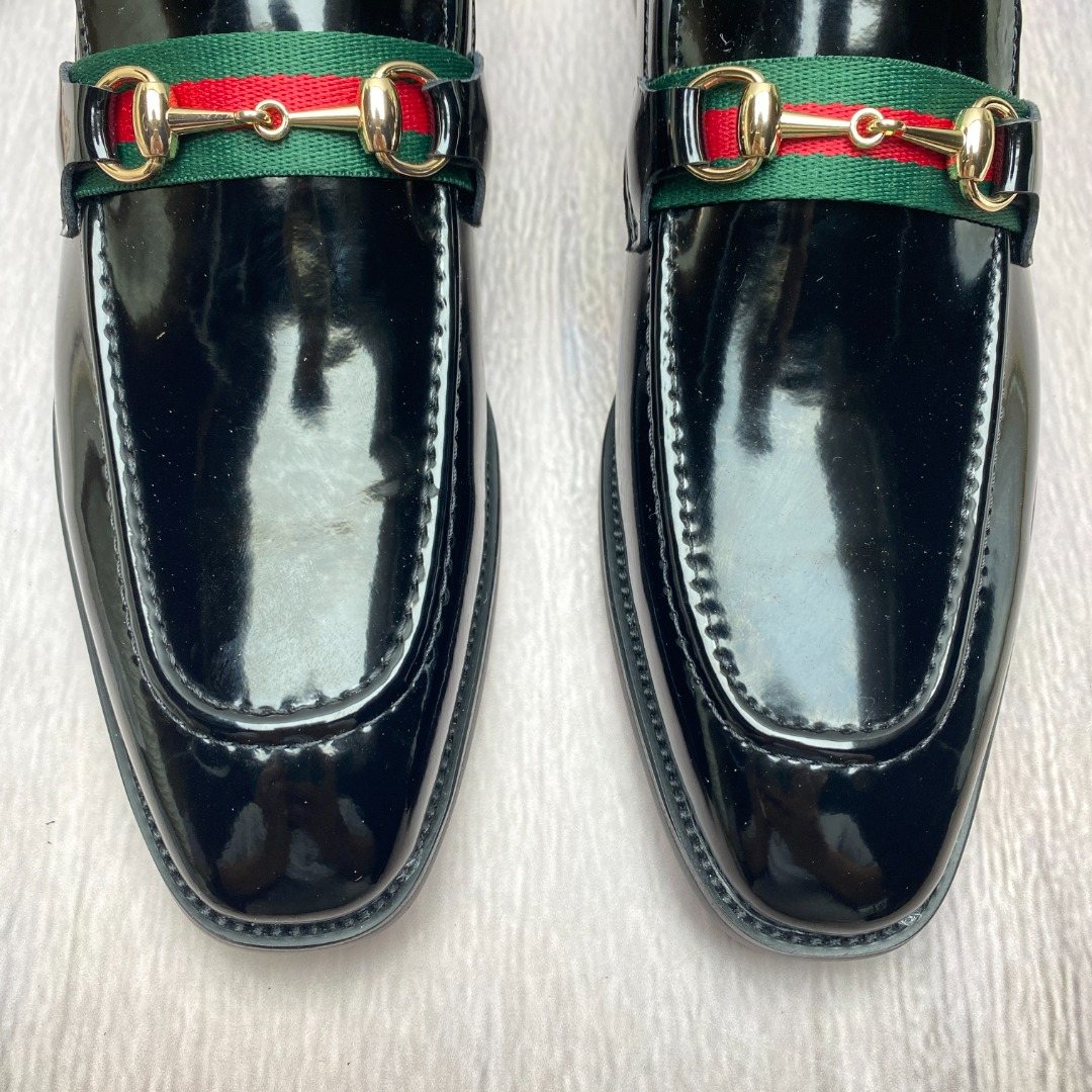 Gucci Black Patent Web Stripe Loafers