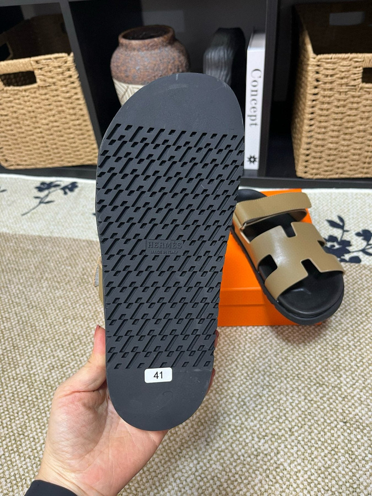 Hermes Men's Kazimir Tan and Black Slide Sandals