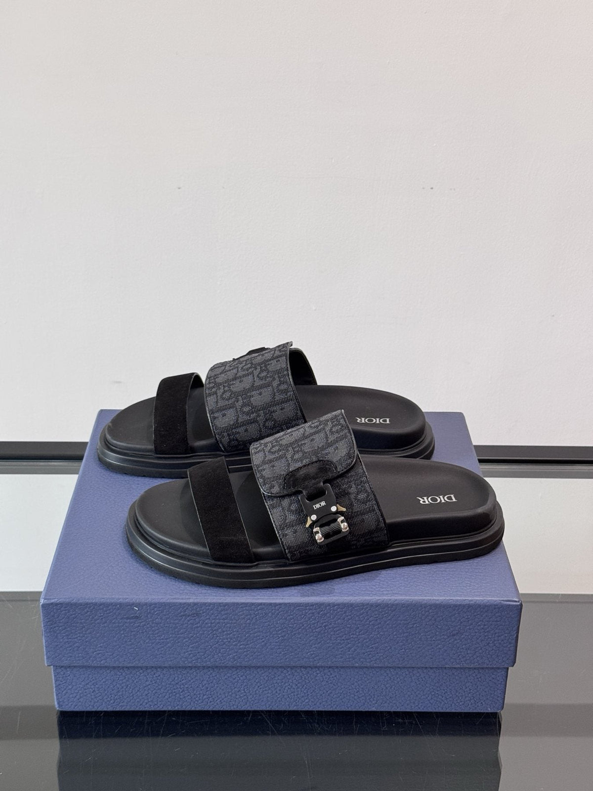 Dior Men's Dark Gray Patterned Slide Sandals