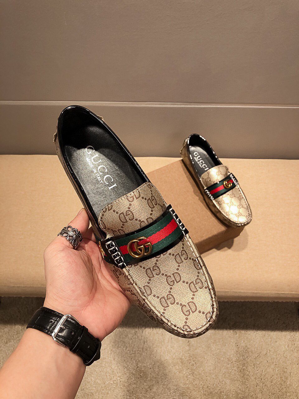 Gucci Men's Beige Web Loafers