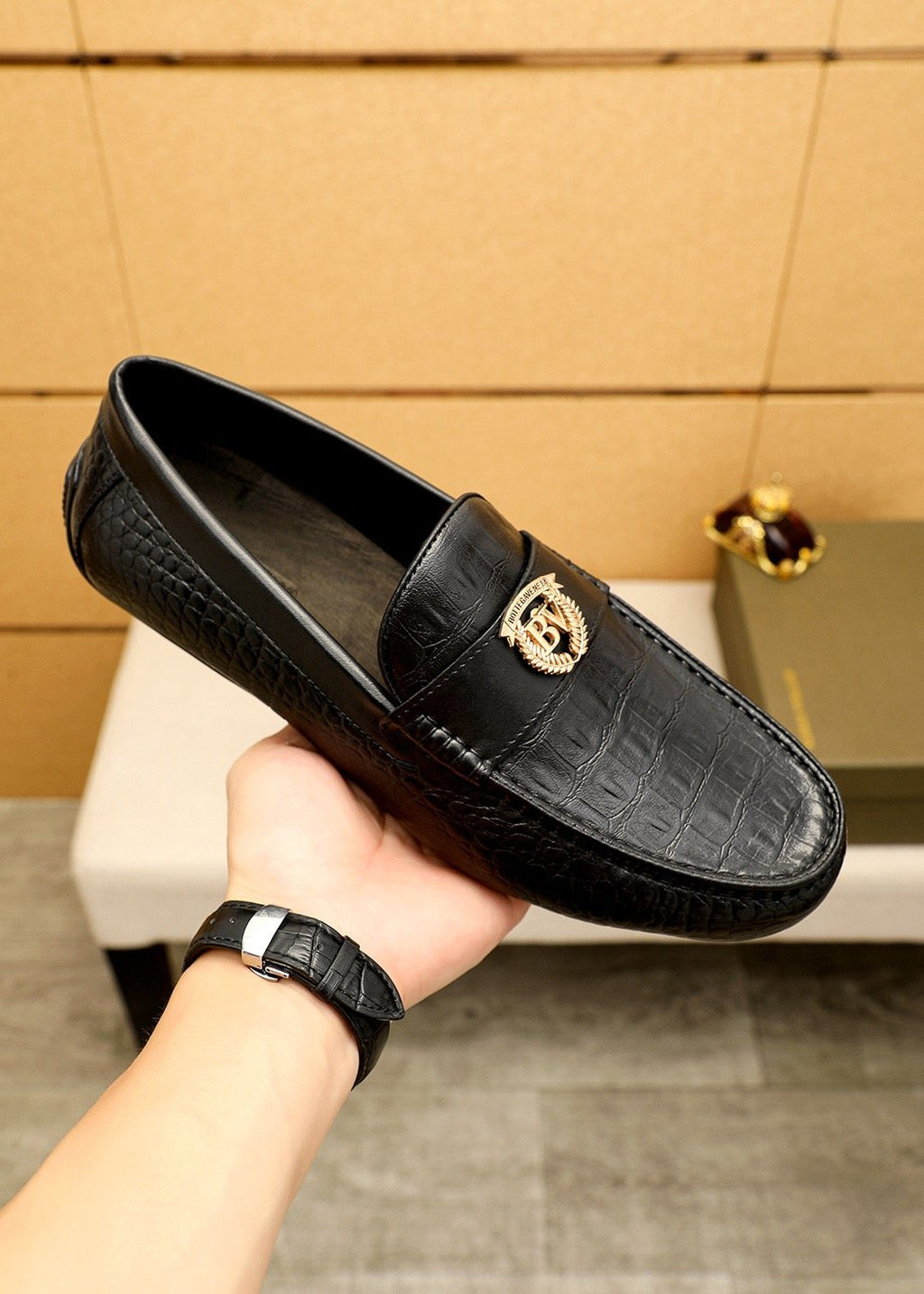 Bottega Veneta Men's Black Textured Loafers