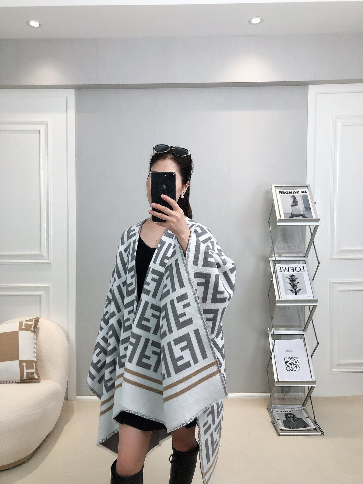 Fendi Geometric Monogram Fringe Shawl