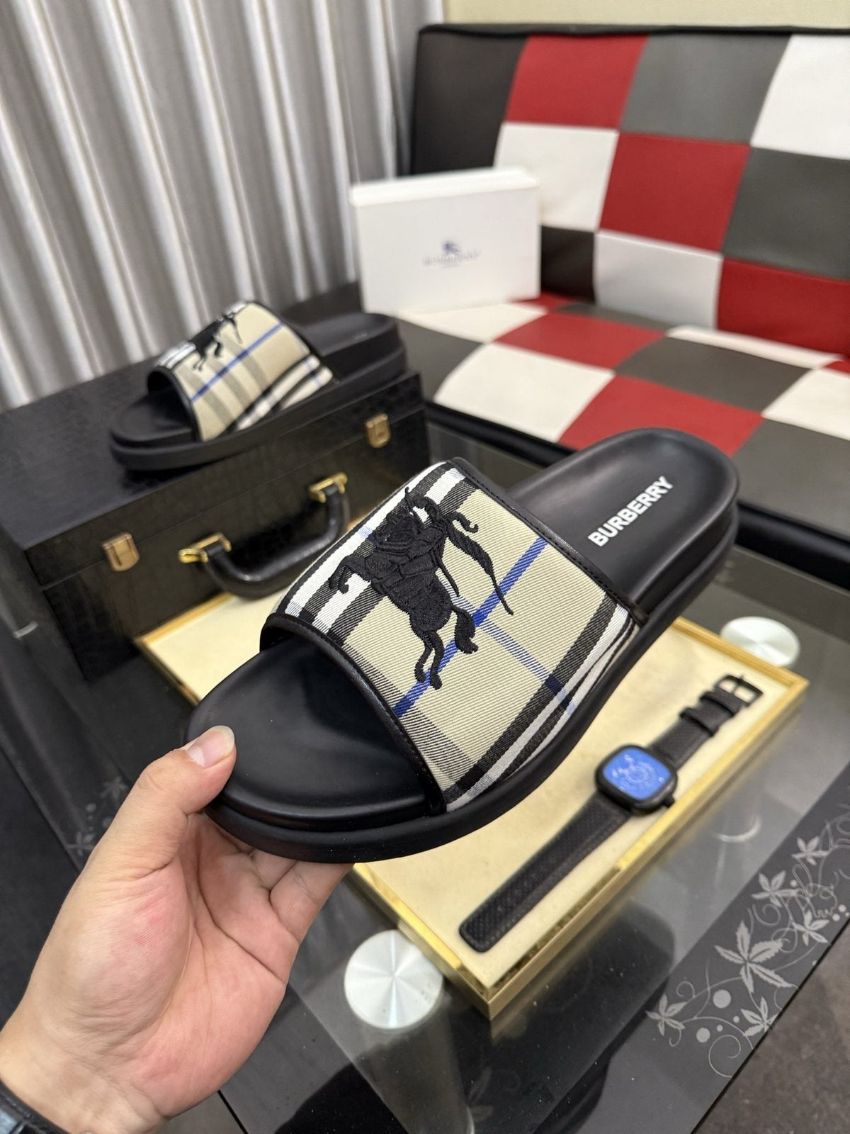 Burberry Plaid Horse Motif Slide Sandals