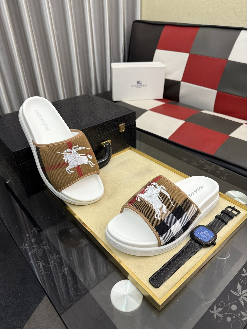 Burberry Plaid Horse Motif Slide Sandals