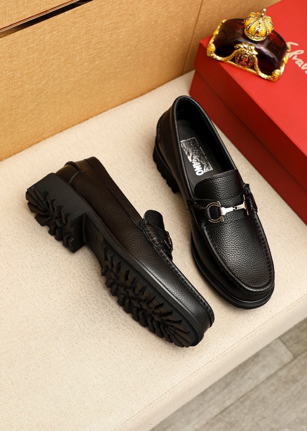 Ferragamo Pebbled Leather Lug Sole Loafers